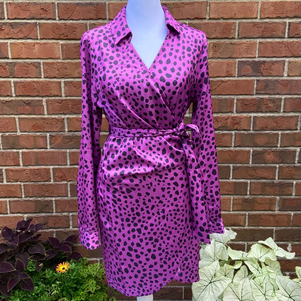 Purple Tie Front Shift Dress Long Sleeve Abstract Polka Dot Printed Women’s 8
